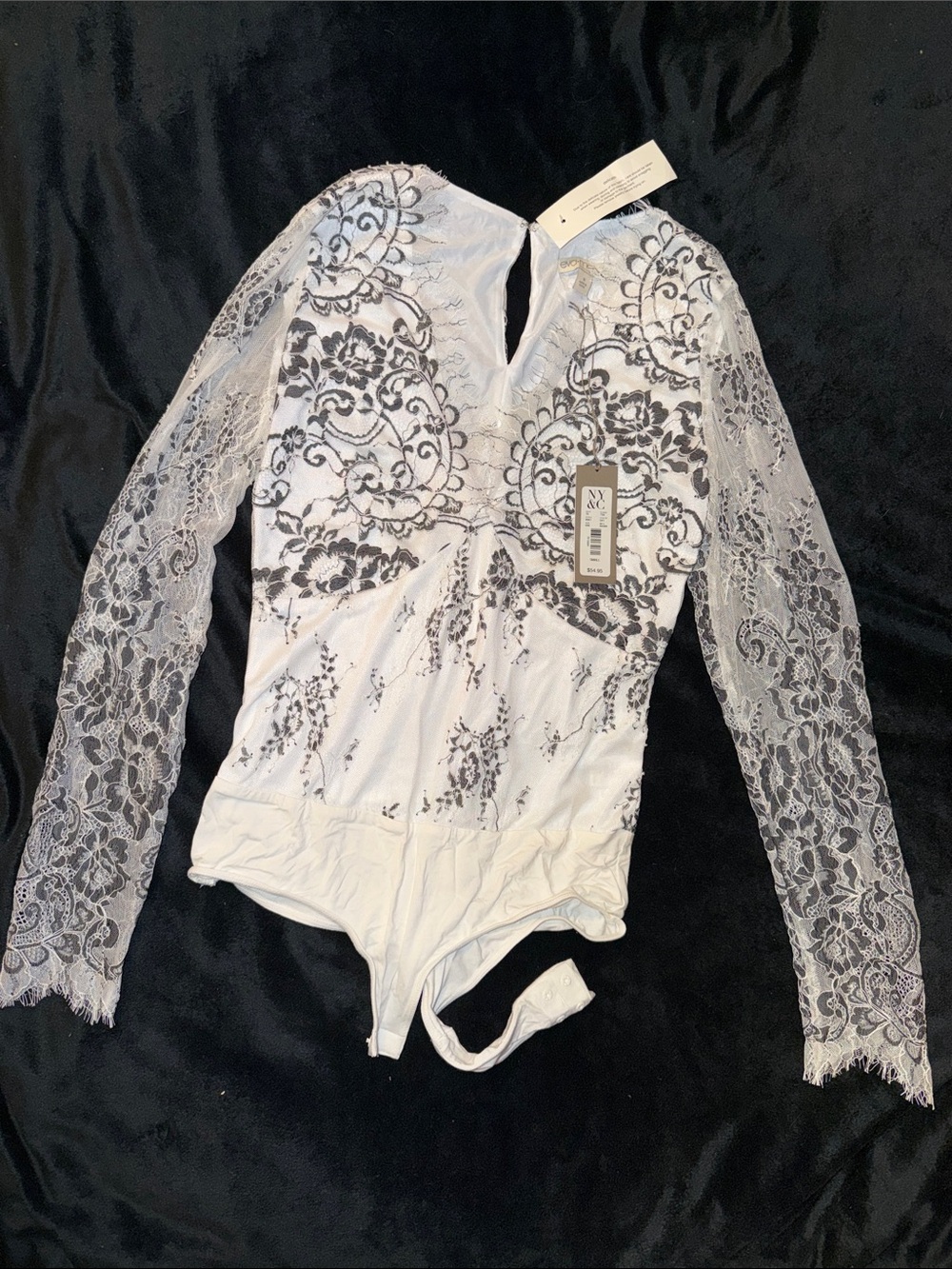 eva mendes for New York & Company White Lace Bodysuit with Black Floral Print